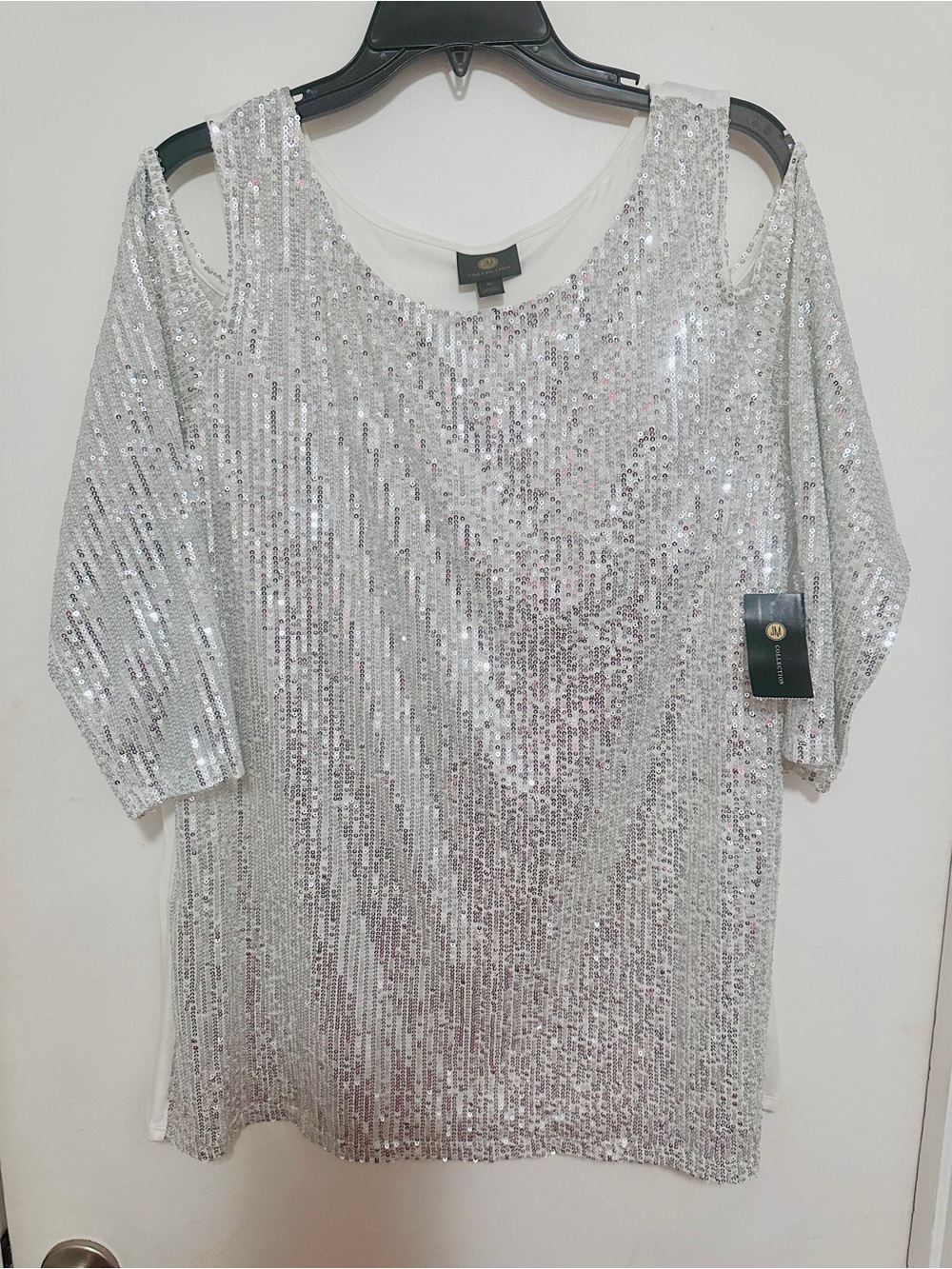JM Collection XL Silver Sequin Cold Shoulder Party Top NWT